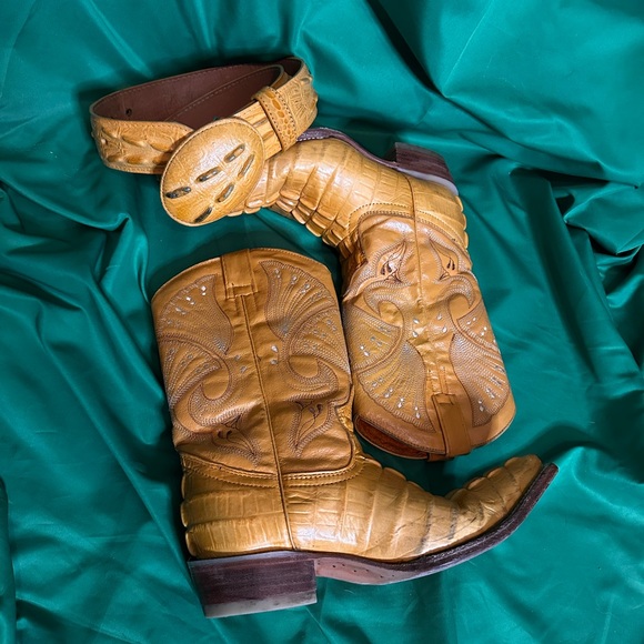 Vintage CROCODILE matching cowboy boots and belt set yellow leather - Picture 13 of 13